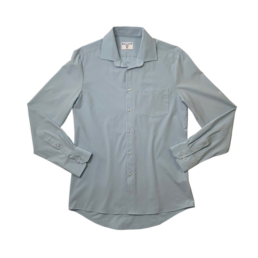 &Collar Shirt Mens M Medium Sky Blue Slim Fit Curved Shirttail Hem Stretch